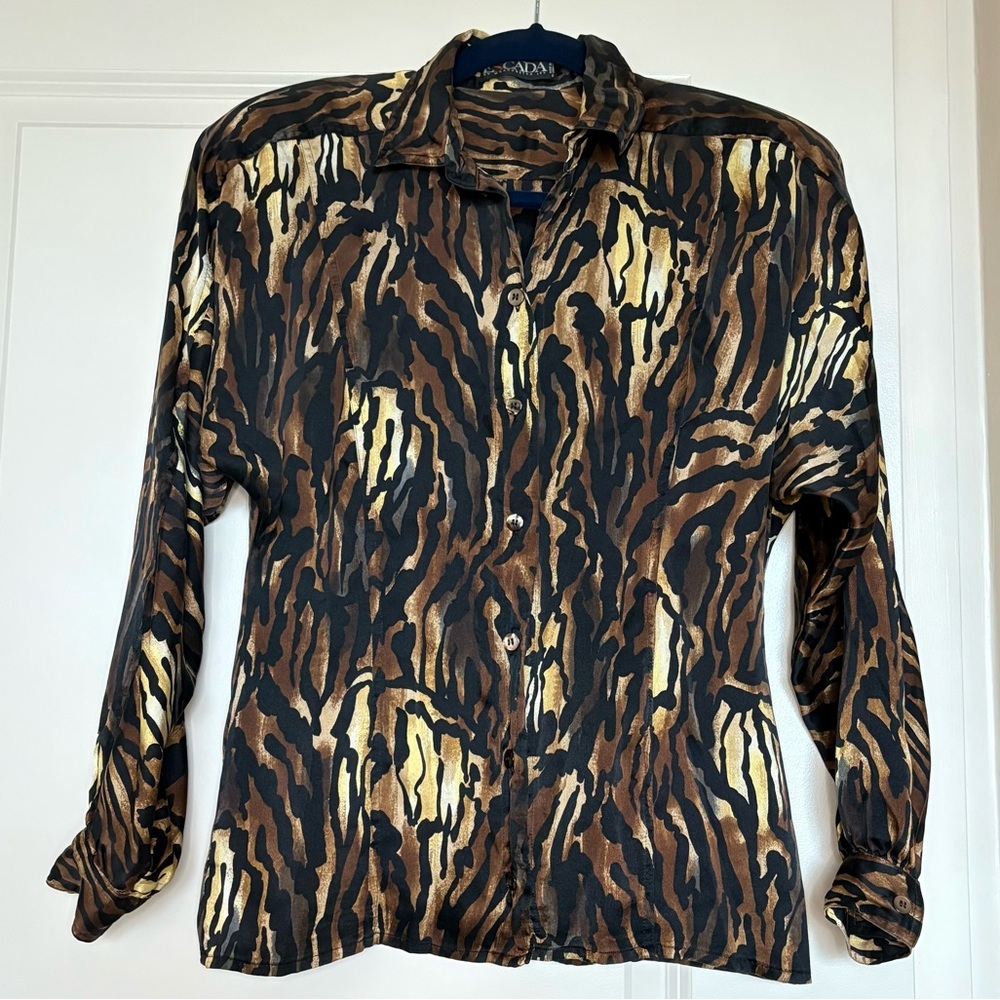 Vintage 1980s Escada 100% Silk Animal Print Button Down Blouse